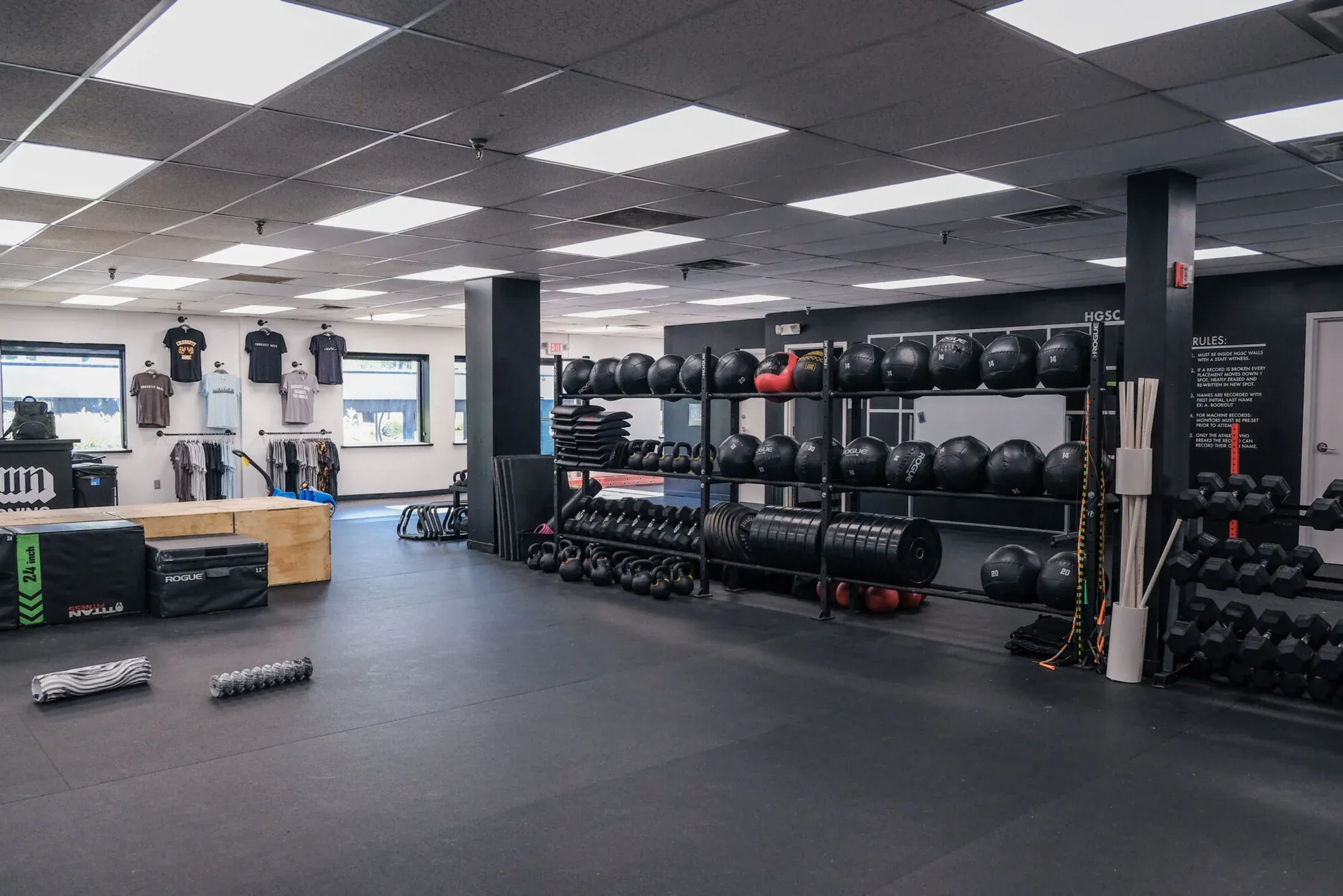 Wide view of the training floor at Kalamazoo Strength in Kalamazoo